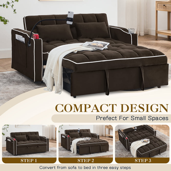 Dinosisco 3-in-1 Convertible Loveseat Sleeper, 55" Futon Sofa Bed with Phone Stand, USB, Brown Velvet - new