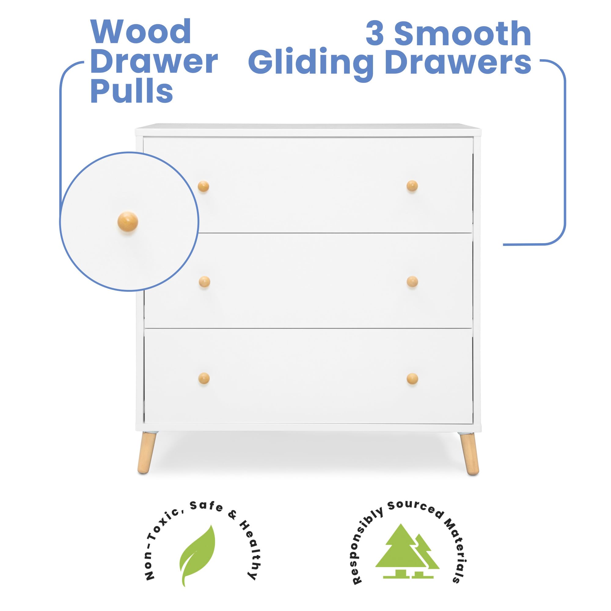 Delta Children Essex 3 Drawer Dresser with Interlocking Drawers, Bianca White/Natural - new