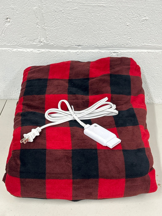 Sunbeam Electric Heated Throw Red/Black Plaid Microplush Faux Shearling 4 Heat 50x70 - new