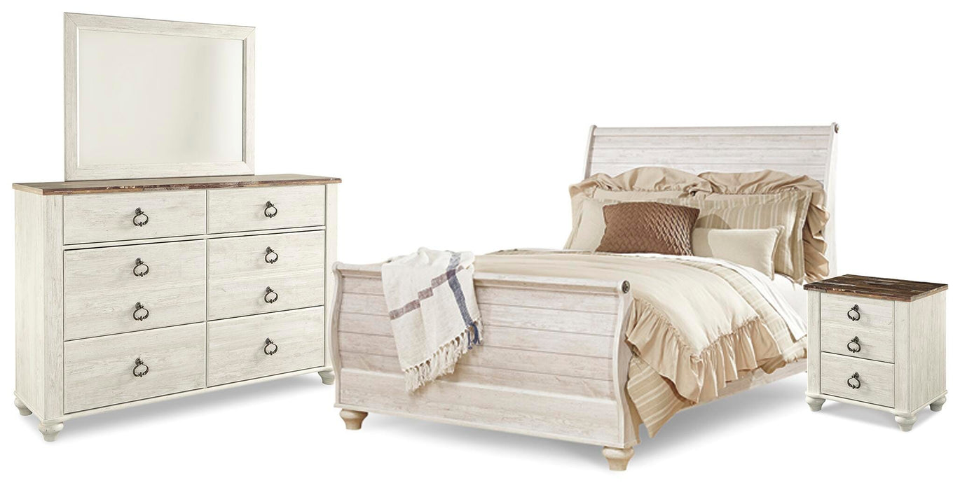 Willowton Whitewash Willowton Queen Sleigh Bed with Mirrored Dresser and Nightstand