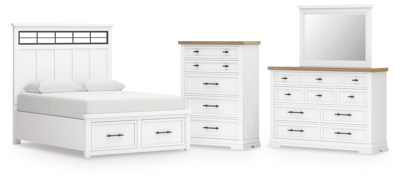 Ashbryn White/Natural Ashbryn King Panel Storage Bed, Dresser, Mirror and Chest