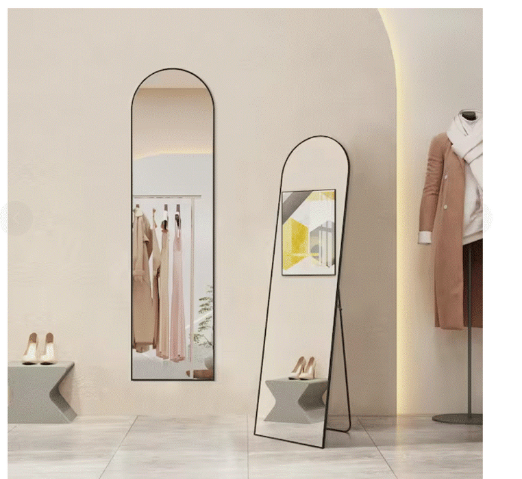 FIRNEWST 16 in. W x 59 in. H Aluminum Alloy Frame Black Arched Floor Mirror with Floor Stand and Wall Mounted Hooks - new