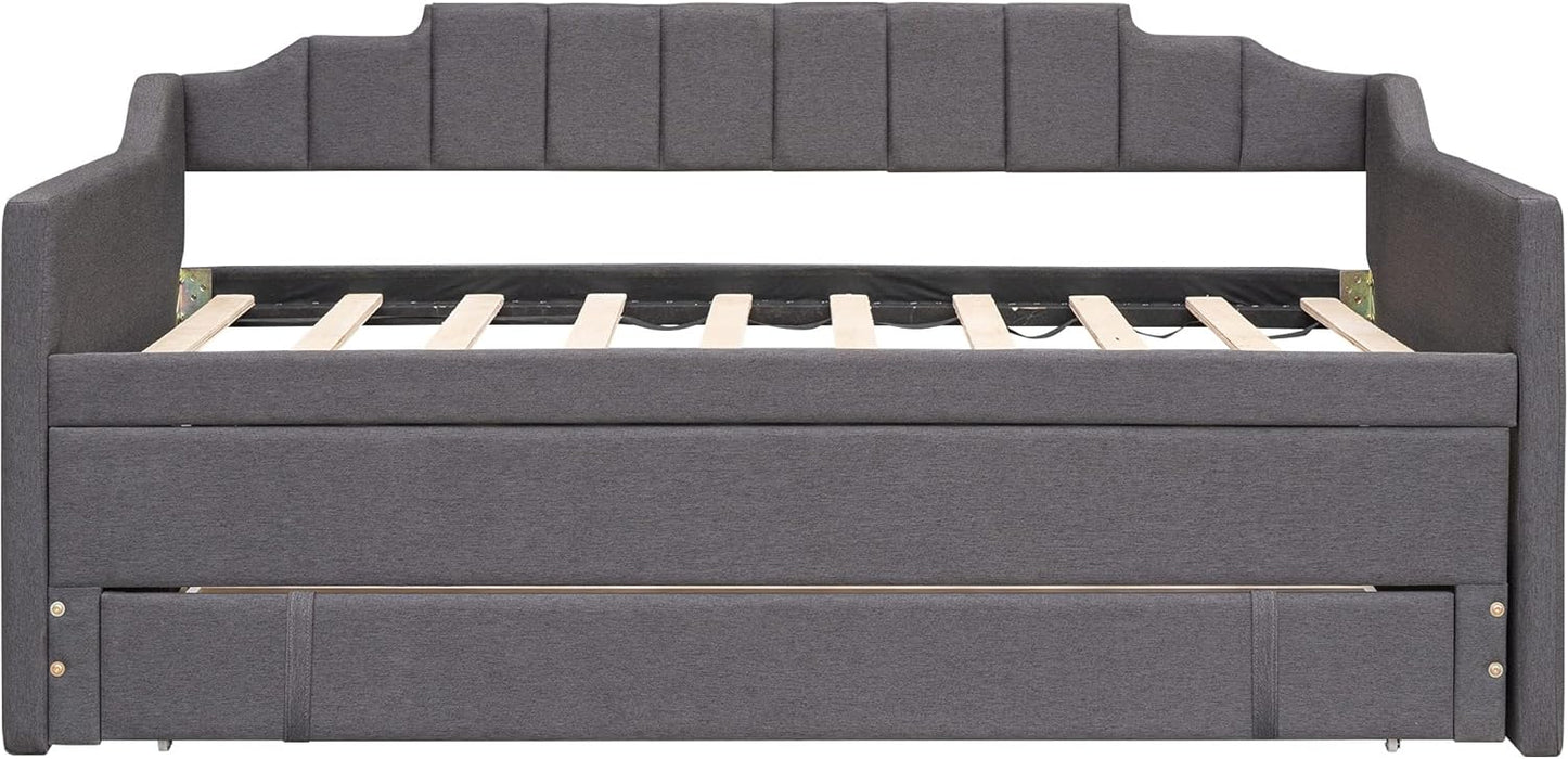 Upholstered Daybed with Trundle, Twin Size Bed Frame with 3 Storrage Drawers or Boys Girls Bedroom (Grey) 2 Boxes - new