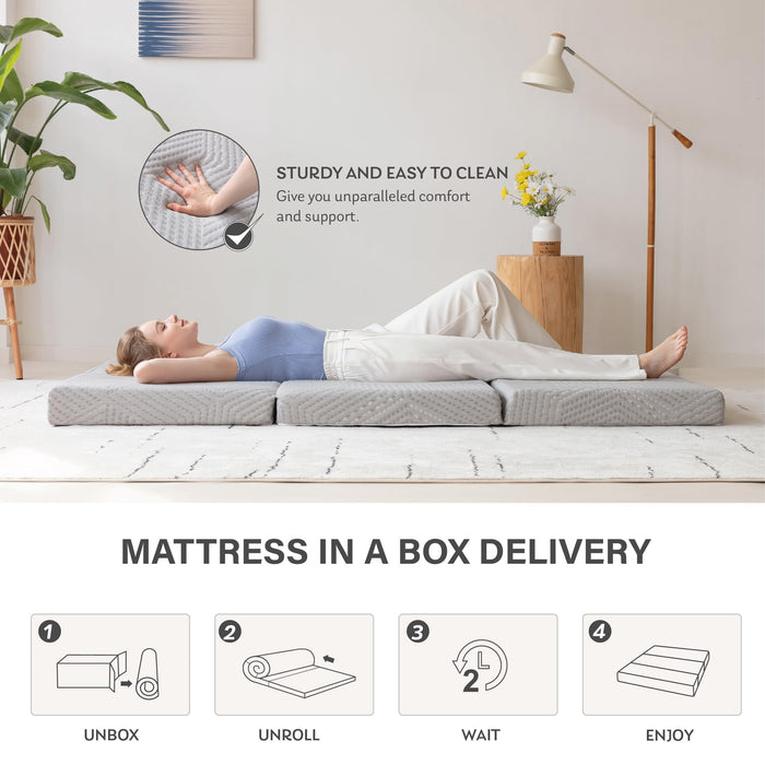 Tri-Fold Memory Foam Mattress, 4 inch Single Folding Mattress with Collapsible and Washable Cover, Travel and Guest Mat, 75"×25"×4", Grey -