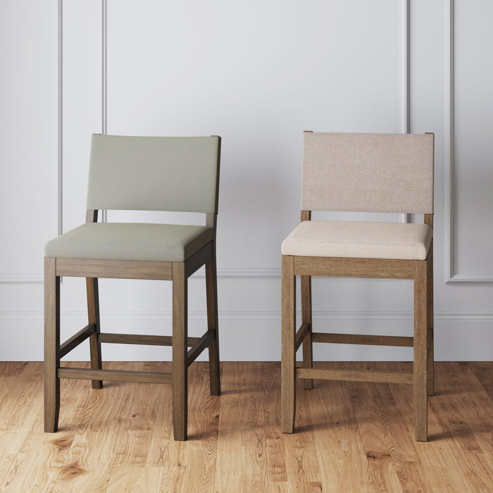 Nathan James Linus Modern Upholstered Counter Height Bar Stool with Back and Solid Rubberwood Legs in a Dark Brown Wood, Natural Light Grey/Brown, - new