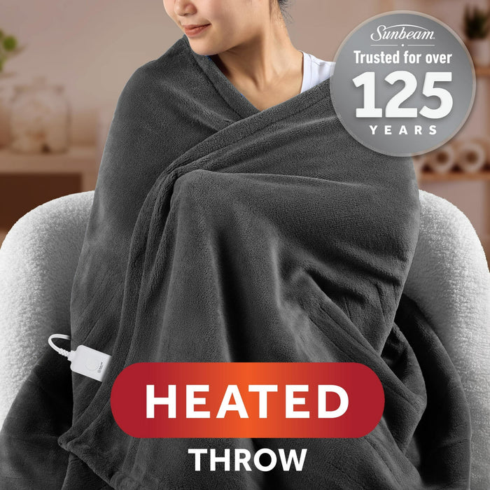 Sunbeam Electric Heated Throw Blanket Oversize Grey stone Microplush 4 Heat Settings - new