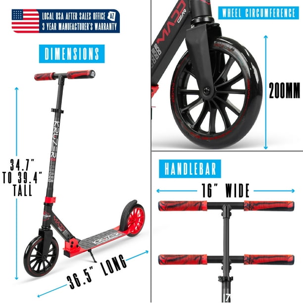 Folding Commuter Kick Scooter for Adults and Teens – Adjustable Handlebar – Big 200mm Wheels – Lightweight Durable Frame – Madd Gear Red Kruzer 200kkk - new