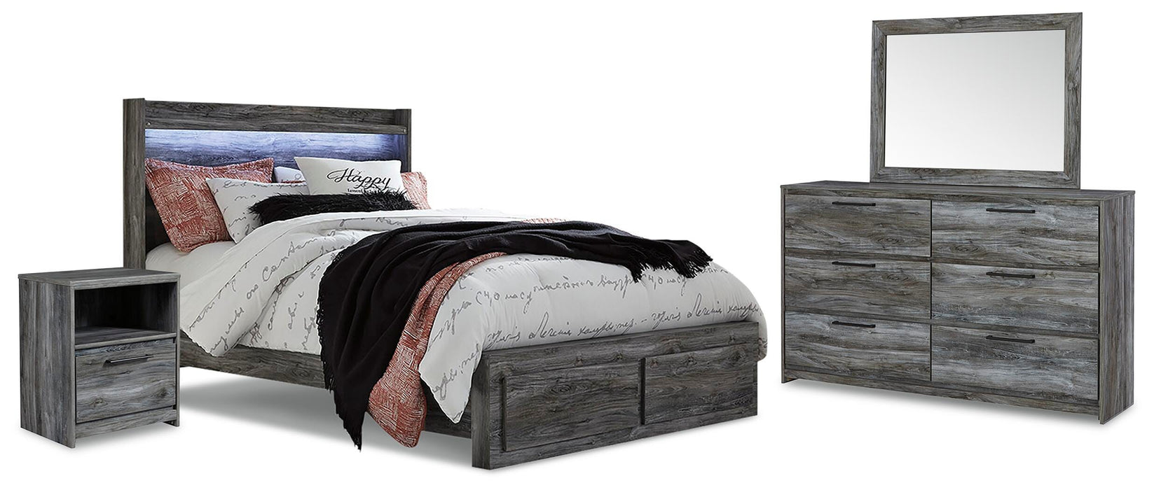 Baystorm Gray Baystorm Queen Panel Bed with 2 Storage Drawers with Mirrored Dresser and Nightstand - Brand New