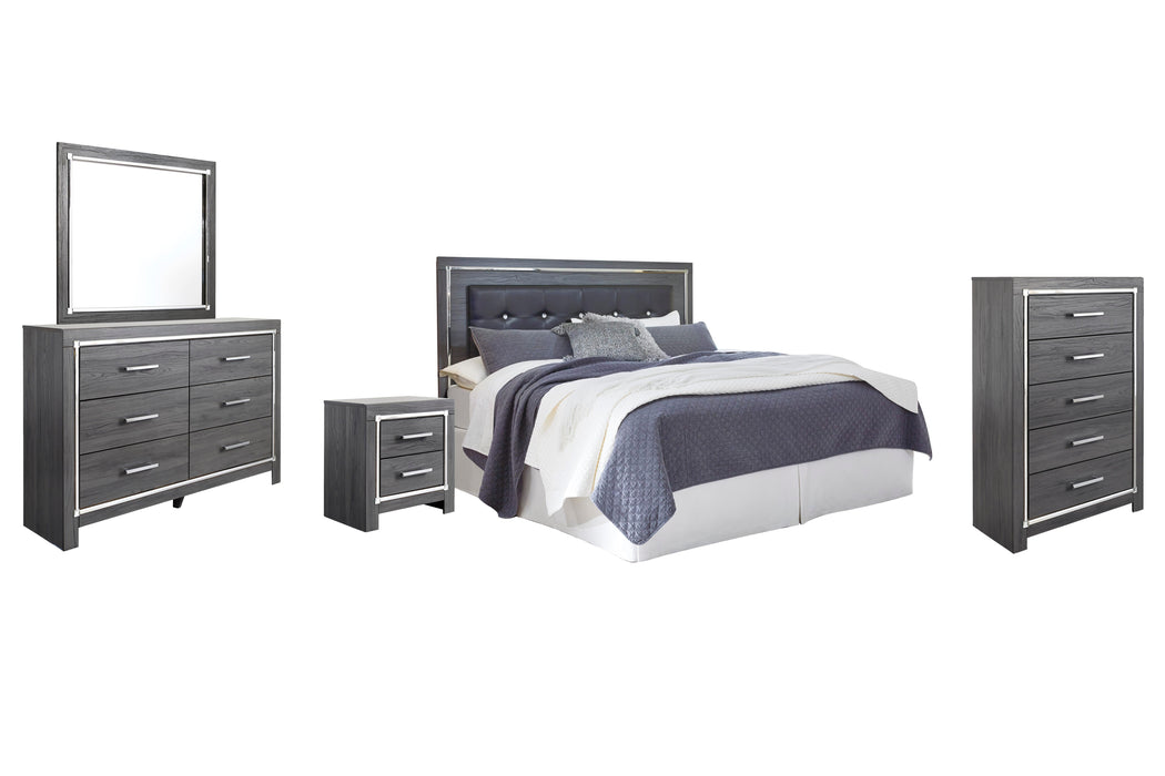 Lodanna Gray Lodanna King/California King Upholstered Panel Headboard Bed with Mirrored Dresser, Chest and Nightstand