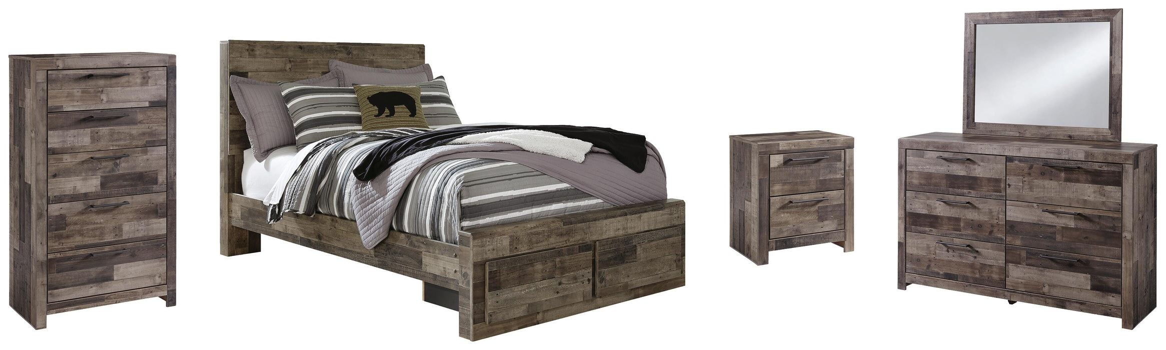 Derekson Multi Gray Derekson Full Panel Bed with 2 Storage Drawers with Mirrored Dresser, Chest and Nightstand