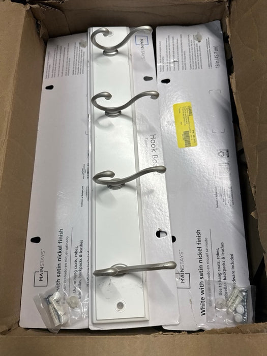 Mainstays, Hook Board, 18 in White Hookboard with 4 Satin Nickle Hooks; 30 lb Holding Capacity - new
