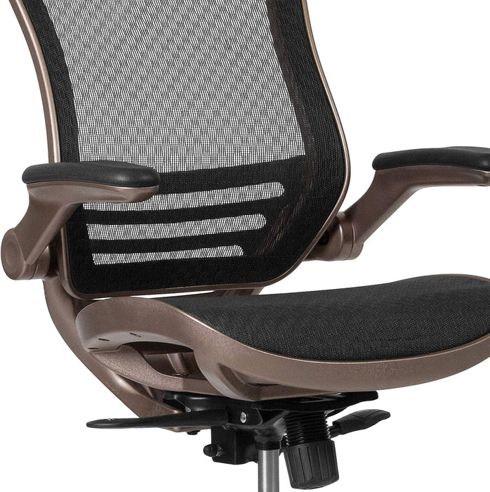 Flash Furniture Waylon Mid-Back Swivel Office Chair with Adjustable Foot Ring and Seat Height, Ergonomic Mesh Chair with Armrests, Black/Gold - open_box