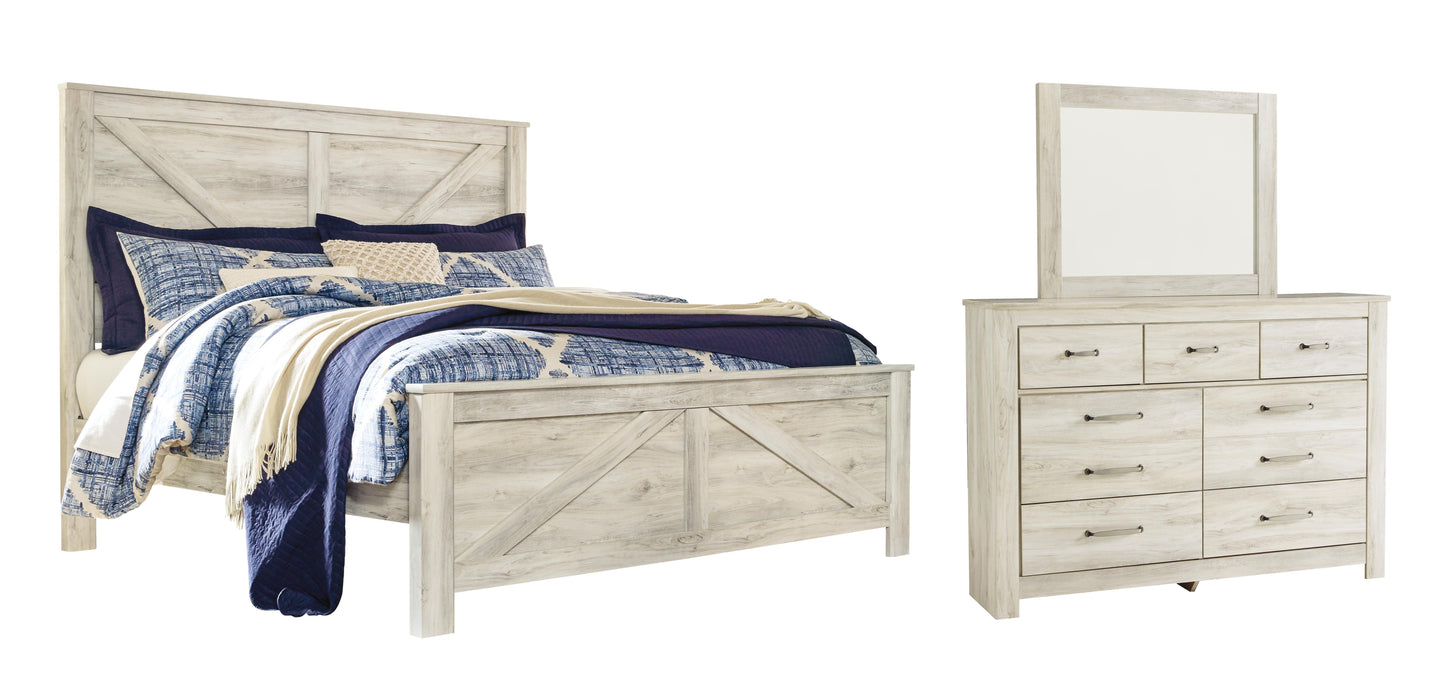 Bellaby Whitewash Bellaby King Crossbuck Panel Bed with Mirrored Dresser