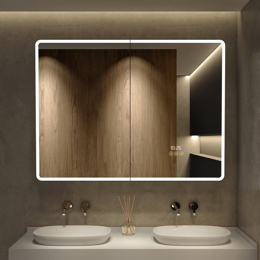 Aluminum LED Bathroom Medicine Cabinet with Mirror,Recessed or Wall-mounted,Defogger,Built-in power and USB - open_box