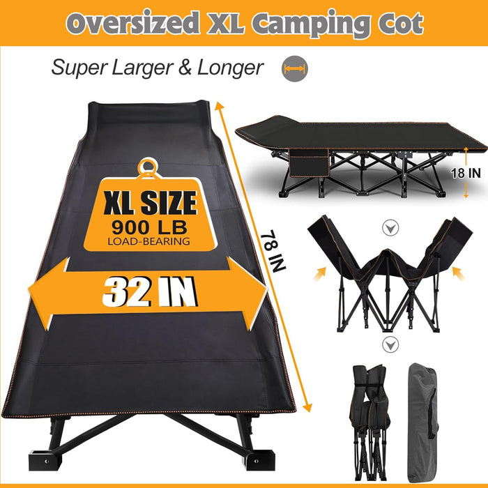 ABORON Oversized Folding Cot, XXL Folding Sleepovers Bed, 78"x32"x18" 900lb-Loading Heavy Duty 2-Layer 1200D for Guest Sleeping W/Mattress & Carrying Bag for Camping Home Office Vacation - n