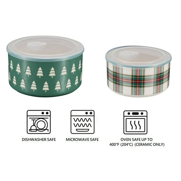 Holiday Time 4-Piece Trees & Plaid Glazed Stoneware Bake & Store Containers Set, Multicolor - new