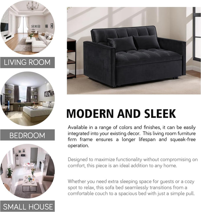 3 In 1 Velvet Convertible Sofa Bed, Pull Out Couch Bed with Reclining Backrest And 2 Pillows, 54" Full Size Loveseat Sleeper Sofa Futon Couch Bed, Couches For Small Spaces, Living Room (Black) - new