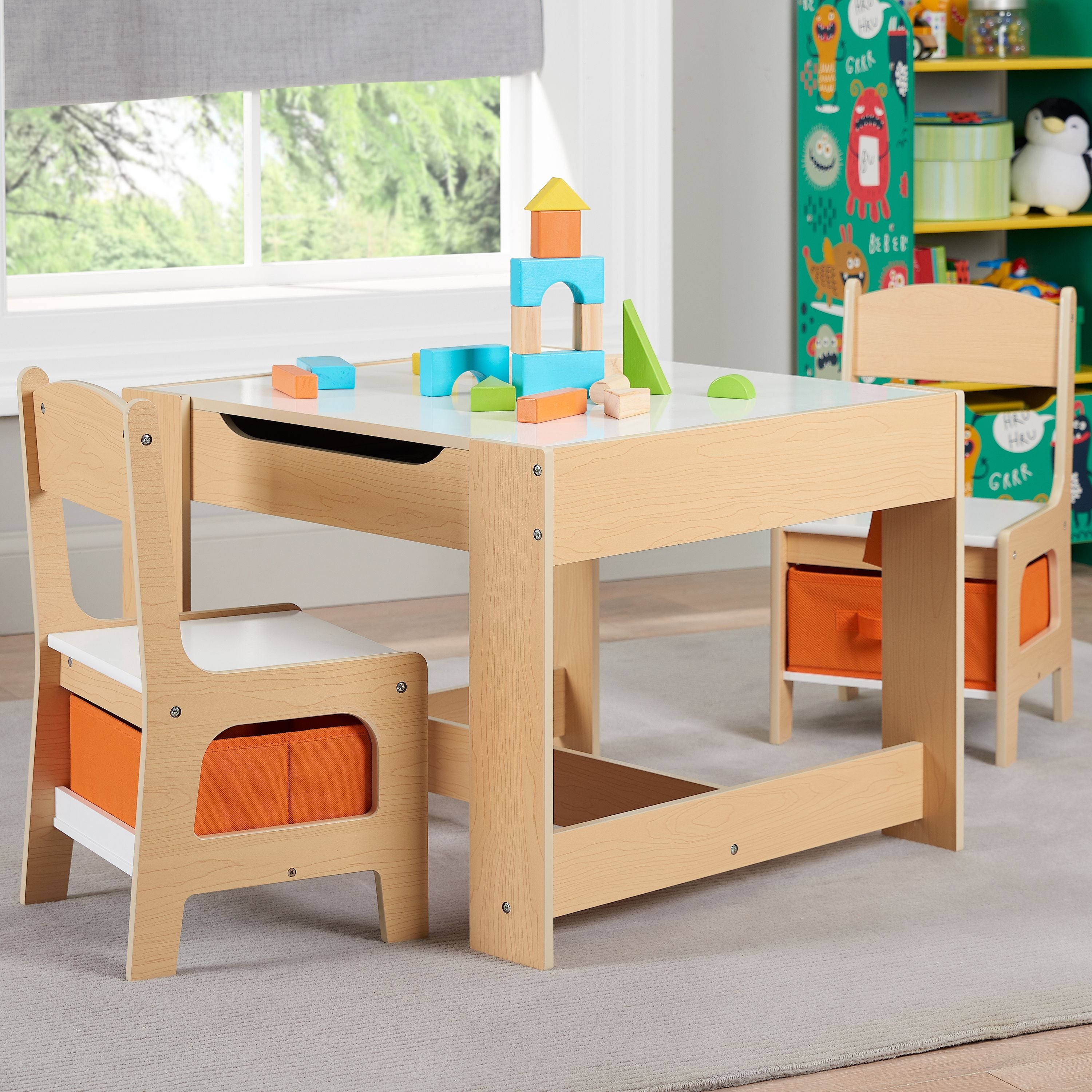 Senda Kids 3 Piece Wooden Storage Table and Chairs Set, White and Natural, Ages 3-7 - open_box