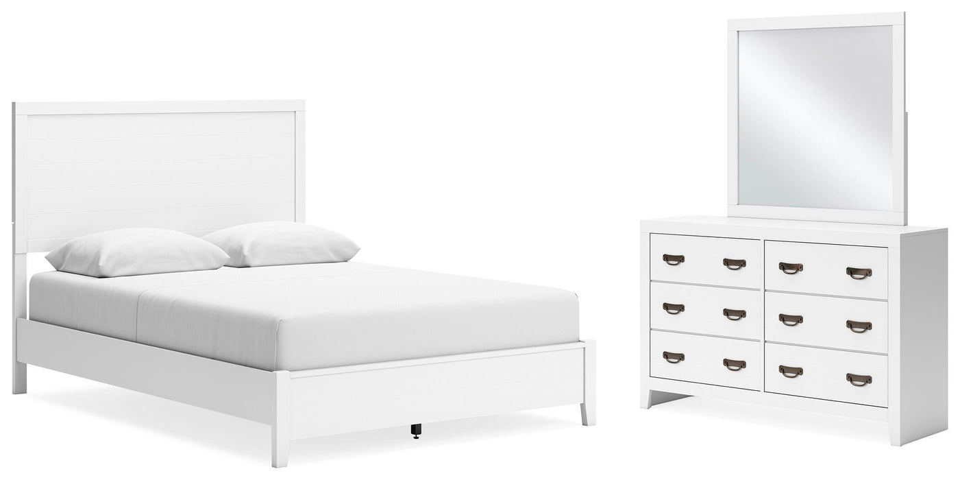 Binterglen White Binterglen Queen Panel Bed with Mirrored Dresser