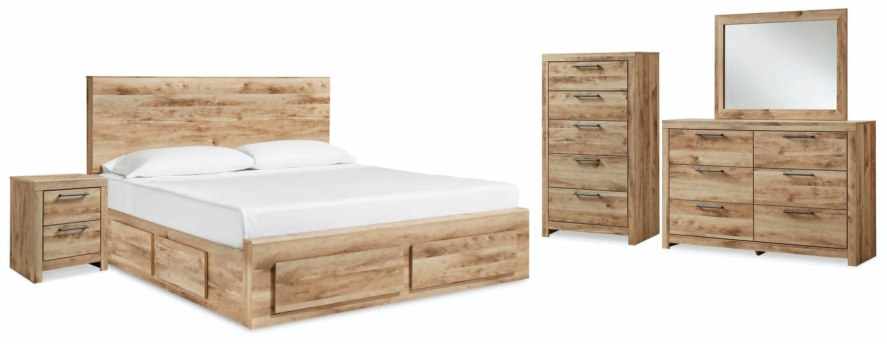 Hyanna Tan Brown Hyanna Queen Panel Storage Bed with 1 Under Bed Storage Drawer, Dresser, Mirror, Chest and Nightstand - Brand New