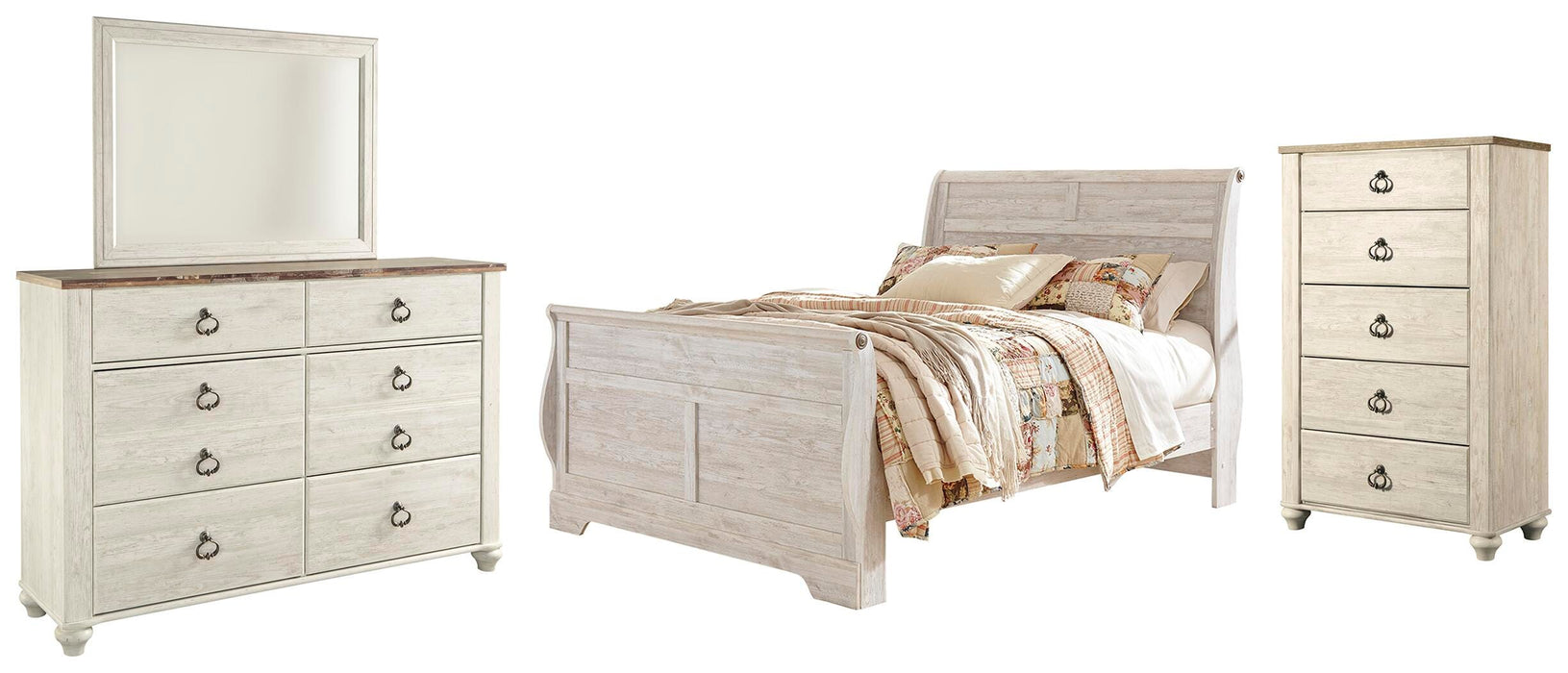 Willowton Whitewash Willowton Queen Sleigh Bed with Mirrored Dresser and Chest