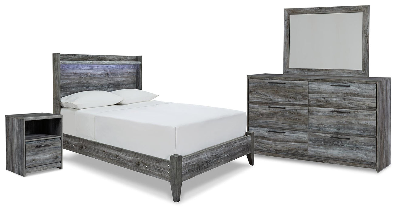 Baystorm Gray Baystorm Full Panel Bed with Mirrored Dresser and Nightstand
