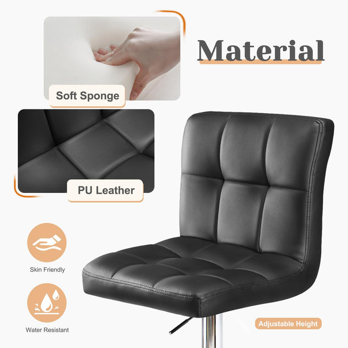 Sweetcrispy Bar Stools Set of 2, PU Leather Adjustable Swivel Barstools, Armless Hydraulic Kitchen Counter Height Bar Stools, Thickened Seat Cushion Square Island Barstools with Back, Black