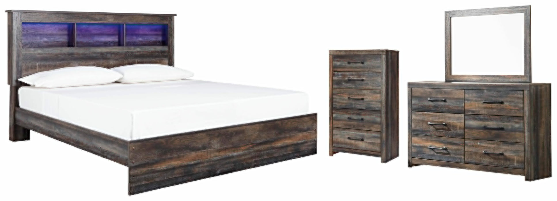 Drystan Multi Drystan King Panel Bookcase Bed with Mirrored Dresser and Chest