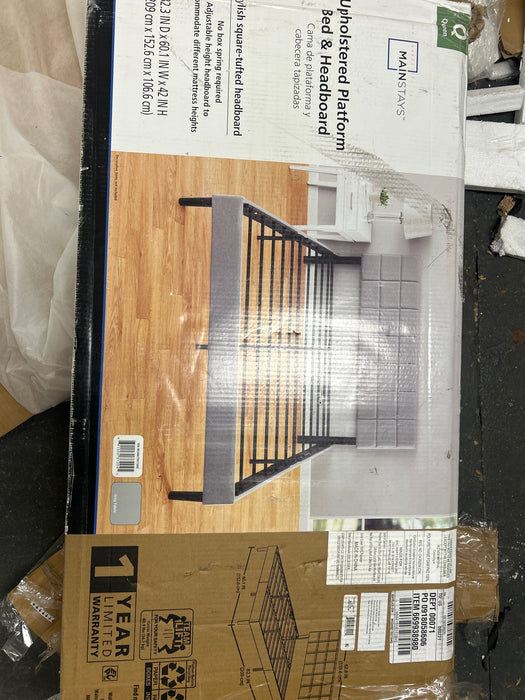Mainstays Gray Upholstered Square Tufted Platform Bed, No Box Spring Needed, Queen - new