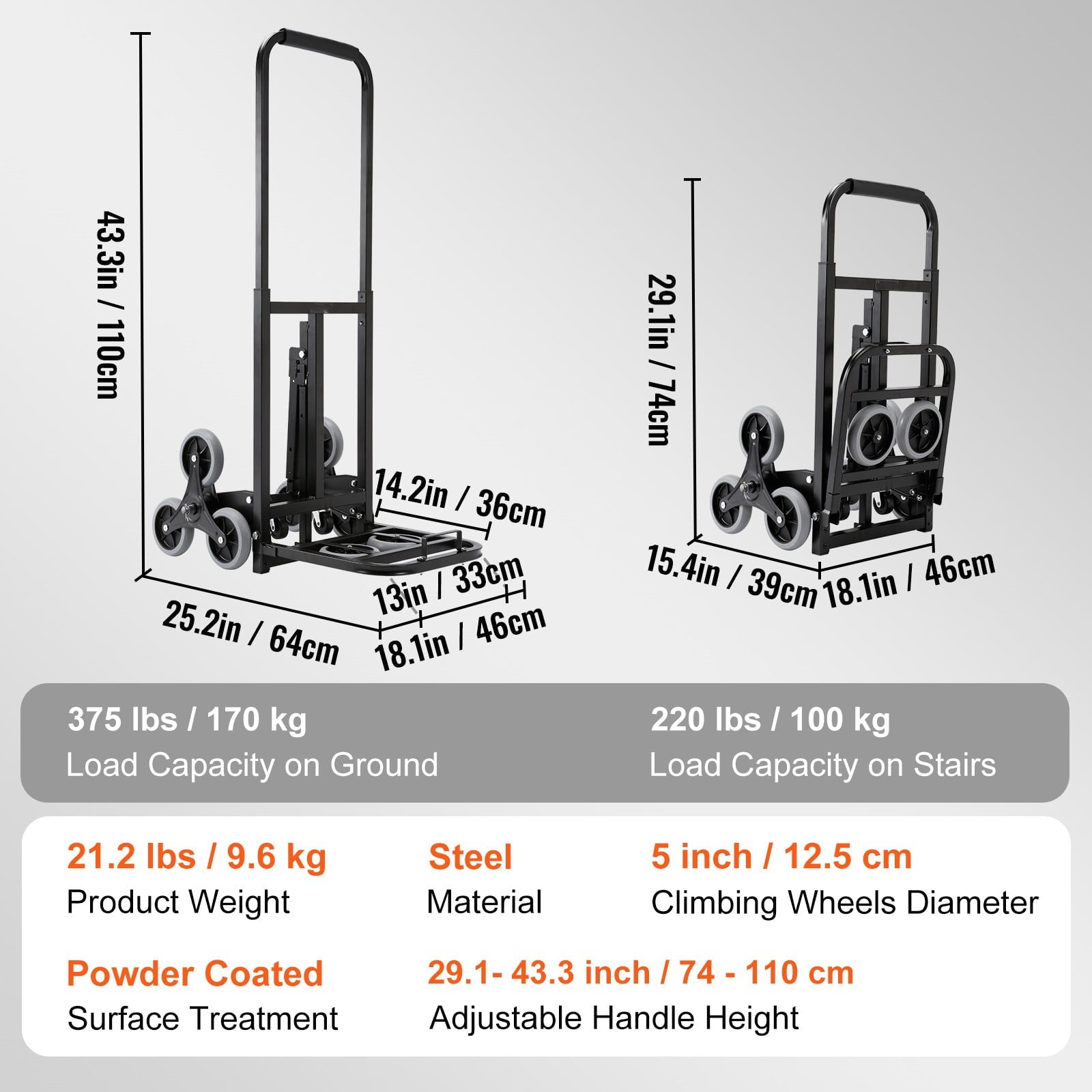 BENTISM Stair Climbing Cart 375lbs Capacity, Portable Folding Trolley with 10 Wheels, Stair Climber Hand Truck with Adjustable Handle for Pulling, All Terrain Heavy Duty Dolly Cart for Stairs - new