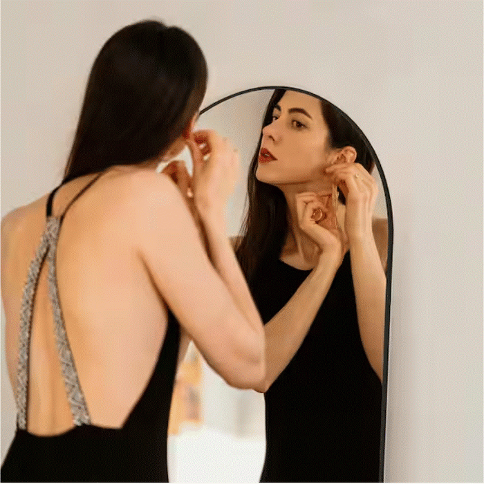 FIRNEWST 16 in. W x 59 in. H Aluminum Alloy Frame Black Arched Floor Mirror with Floor Stand and Wall Mounted Hooks - new