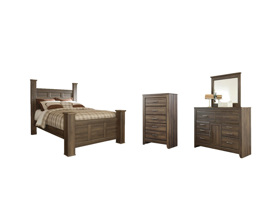 Juararo Dark Brown Juararo Queen Poster Bed with Mirrored Dresser and Chest