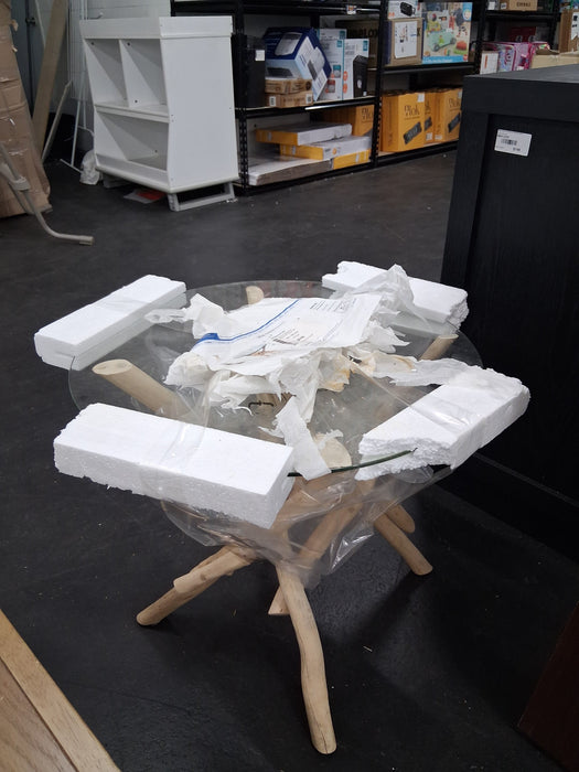 Driftwood  Wood Handmade Side End Accent Table Tree Branch End Table with Clear Glass Top - new