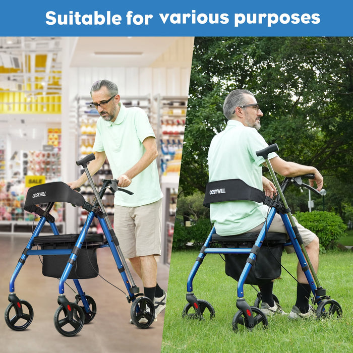 COSYWILL Rollator Walker with Seat,Foldable Mobility Walker with Durable Steel,Rolling Walker with 8" Wheels for All Terrain,Adjustable Height,300 lbs,Blue - open_box