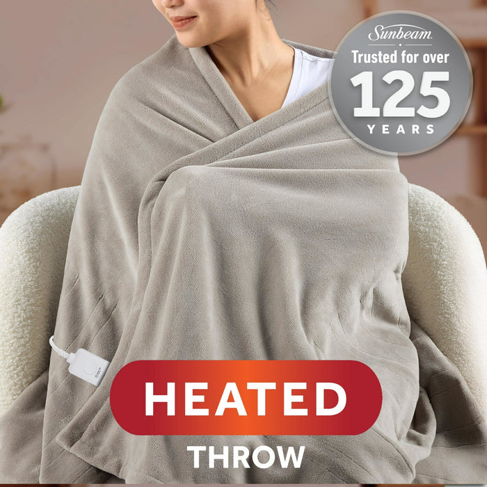 Sunbeam Electric Heated Throw Blanket Oversize Washed Stone Microplush 4 Heat Settings 50x 70 - new
