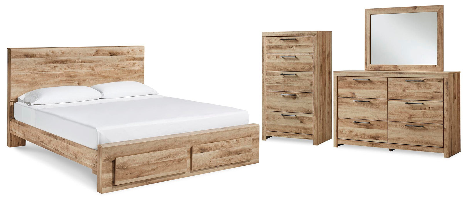 Hyanna Tan Brown Hyanna Queen Panel Storage Bed with Mirrored Dresser and Chest - Brand New
