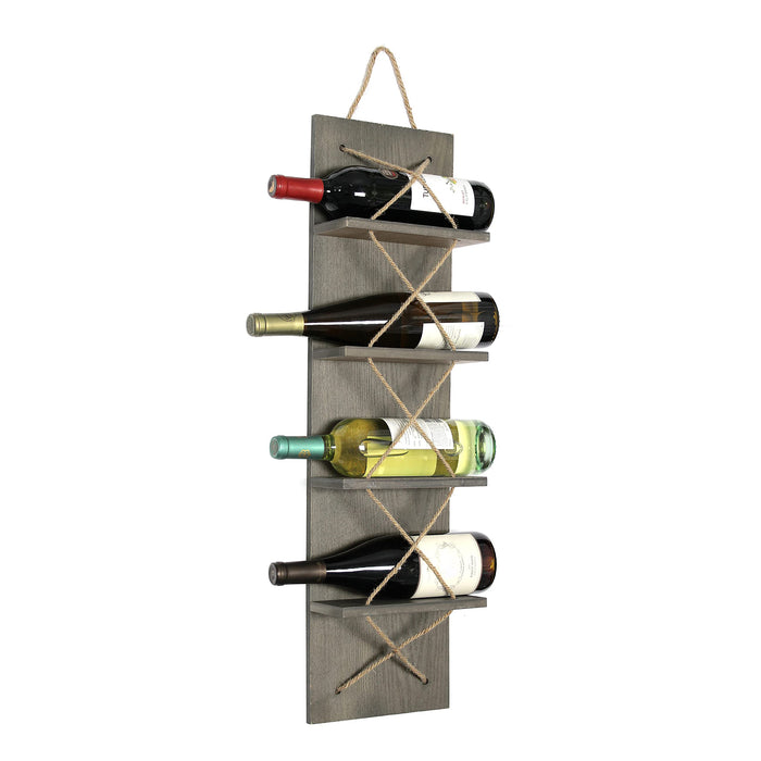Elegant Designs HG1019-RGY Positano Nautical Rope 4 Bottle Vertical Wall Mounted Wood Wine Rack, Rustic Gray - new