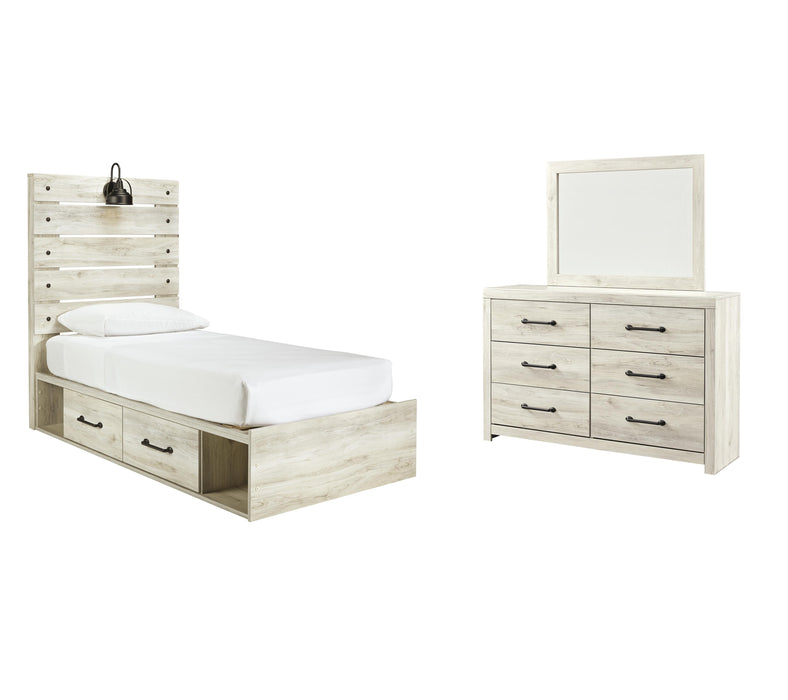 Cambeck Whitewash Cambeck Twin Panel Bed with 4 Storage Drawers with Mirrored Dresser