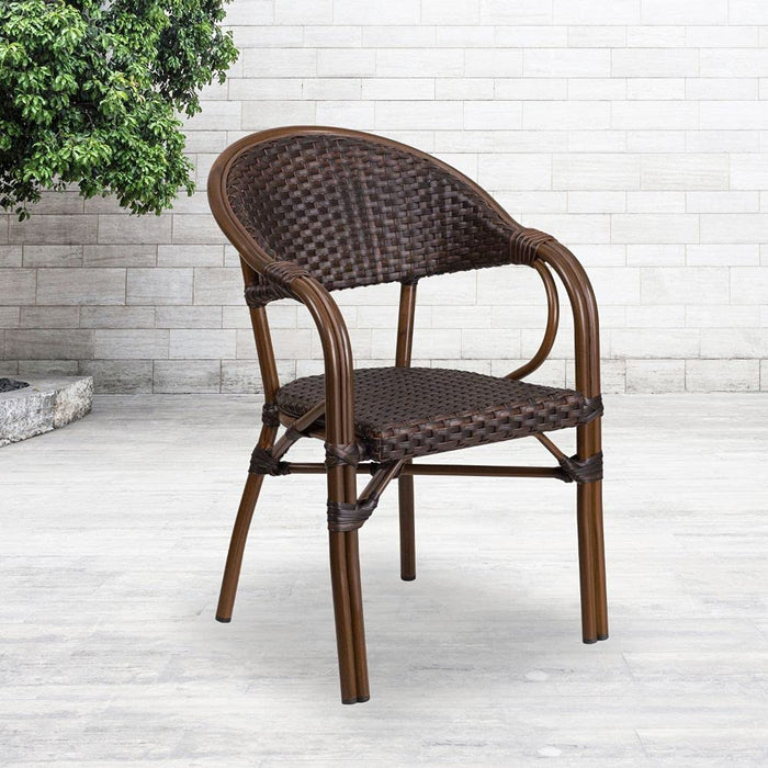 Flash Furniture Milano Series Dark Brown Rattan Restaurant Patio Chair with Red Bamboo-Aluminum Frame - new