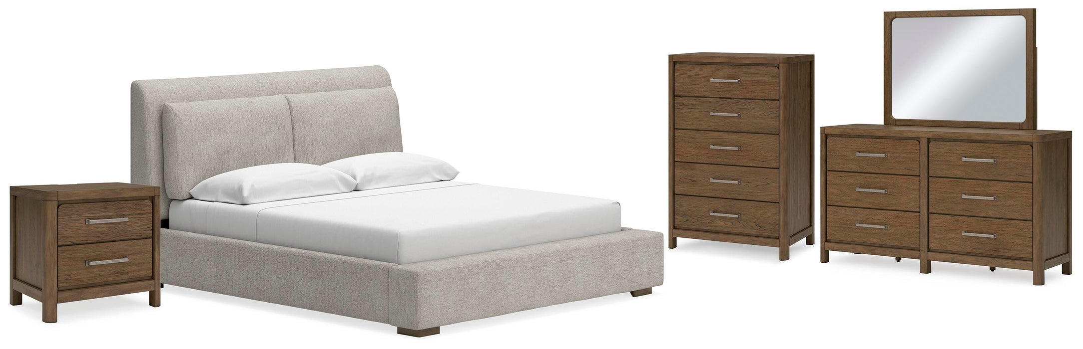 Cabalynn Light Brown Cabalynn California King Upholstered Bed with Mirrored Dresser, Chest and Nightstand - Brand New