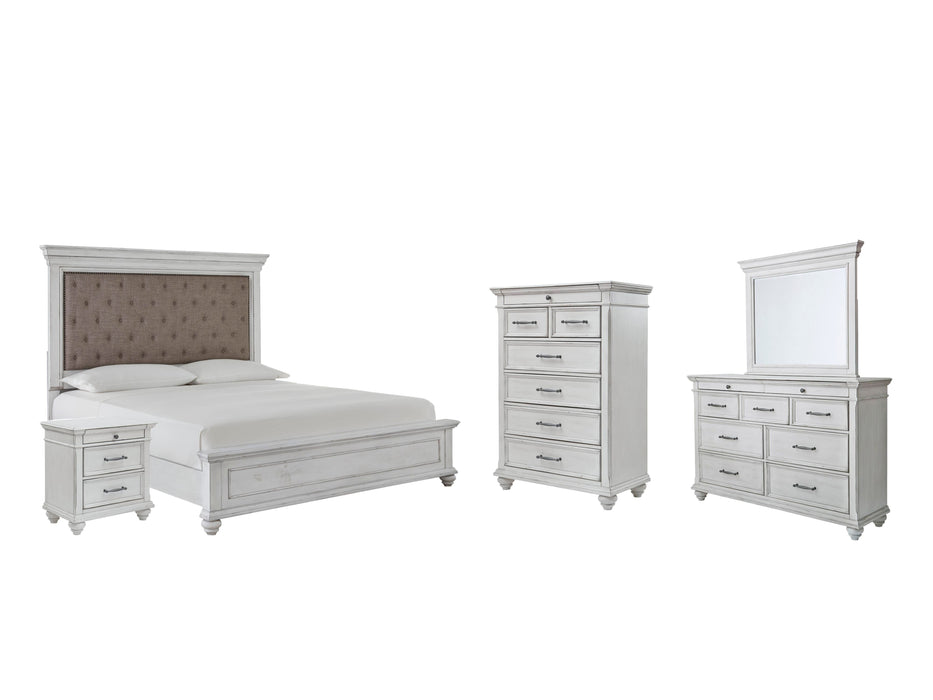 Kanwyn Whitewash Kanwyn Queen Panel Bed with Mirrored Dresser, Chest and Nightstand