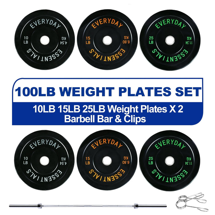 BalanceFrom Olympic Bumper Plate Weight Plate with Steel Hub, Black, 100 lbs Set with 6FT Olympic Barbell and Clips, Multiple Packages - new