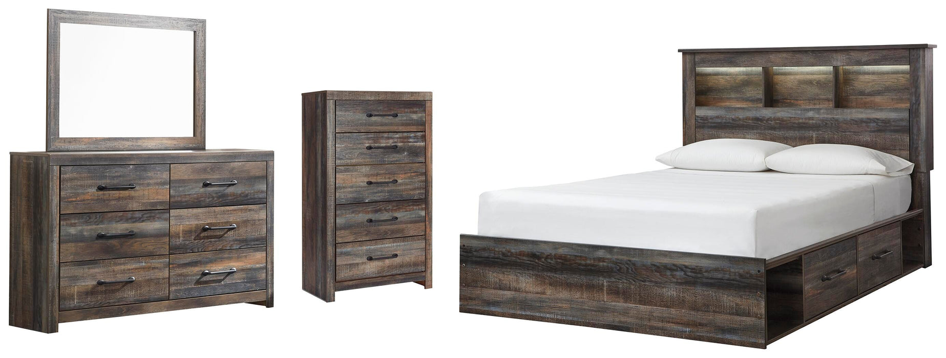 Drystan Multi Drystan Queen Bookcase Bed with 2 Storage Drawers, Dresser, Mirror and Chest