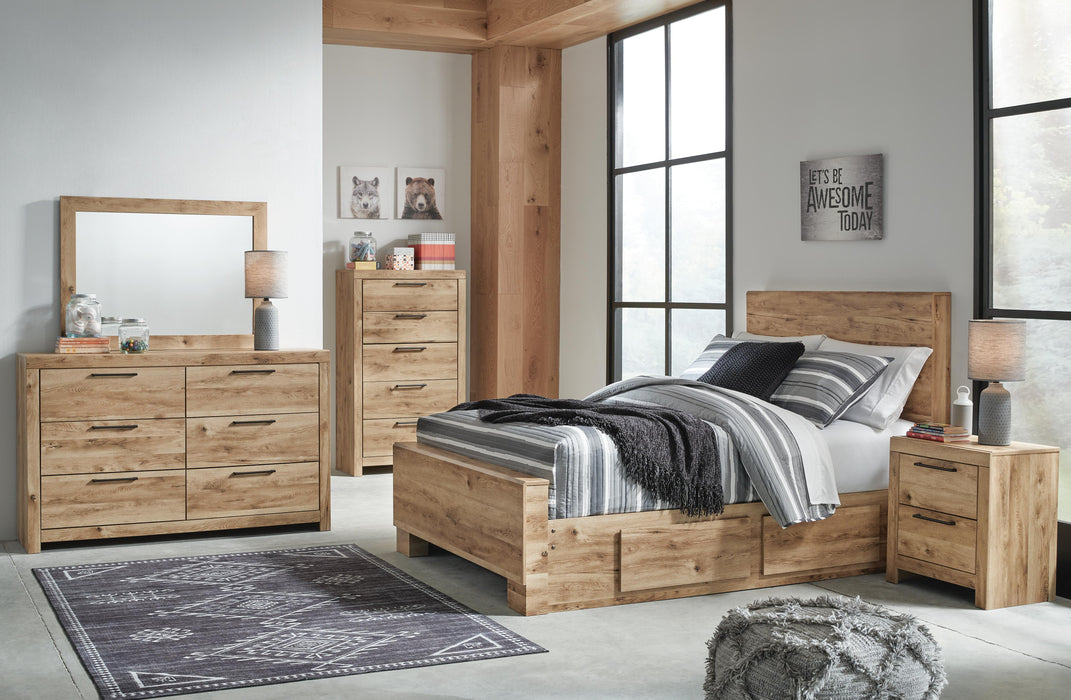 Hyanna Tan Brown Hyanna Full Panel Bed with 1 Side Storage, Dresser, Mirror, Chest and Nightstand - Brand New