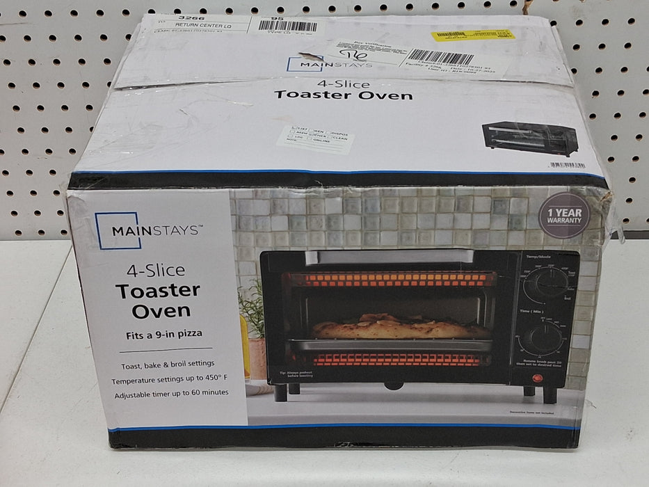 Mainstays 4-Slice Countertop Toaster Oven with 3 Settings, Includes Baking Rack and Pan, Black, New - new