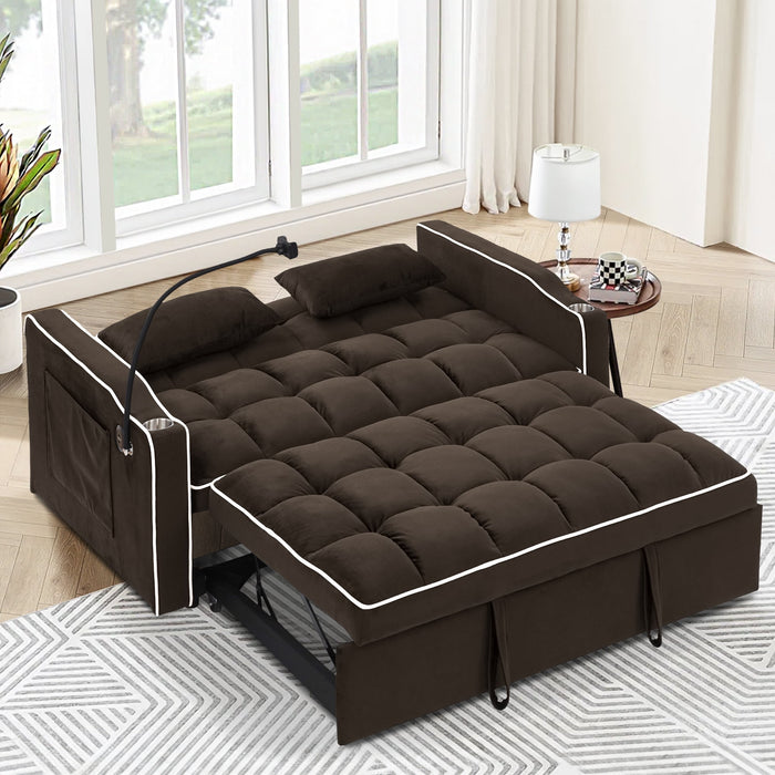 Dinosisco 3-in-1 Convertible Loveseat Sleeper, 55" Futon Sofa Bed with Phone Stand, USB, Brown Velvet - new