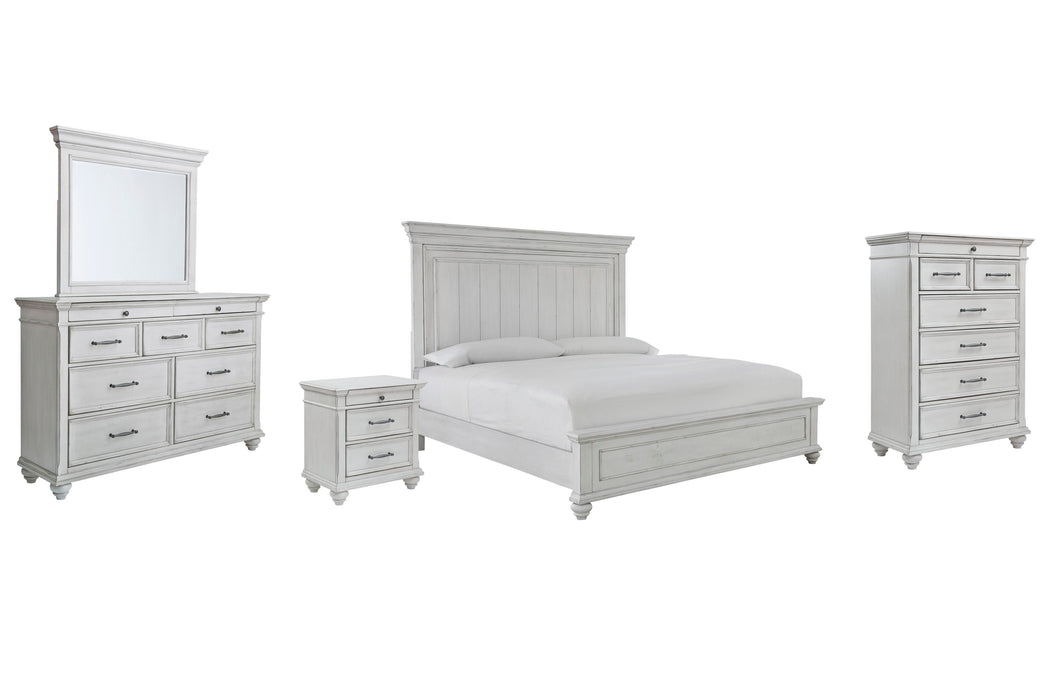 Kanwyn Whitewash Kanwyn King Panel Bed with Mirrored Dresser, Chest and Nightstand
