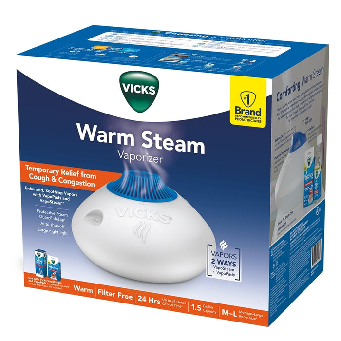 Vicks Warm Steam Vaporizer Humidifier with Night Light, 1.5 Gal, 600 Sq. Ft, White, V150SGNLUPCV2 - new