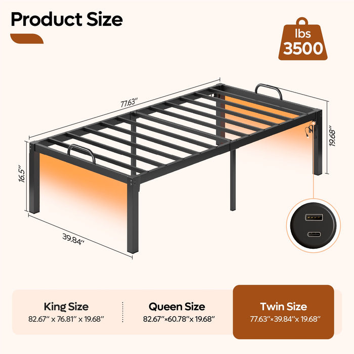 Pinmoco Twin Bed Frame with Dual LED Lights and Charging, Heavy Duty Metal Platform Bed with 16.5'' Large Under Bed Storage Space, Black - new