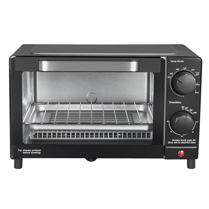 Mainstays 4-Slice Countertop Toaster Oven with 3 Settings, Includes Baking Rack and Pan, Black, New - new